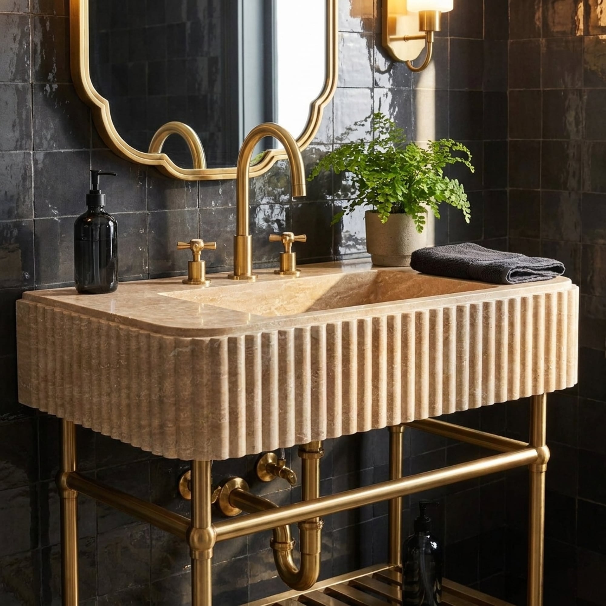 Handcrafted Polished Fluted Travertine Sink with Metal L…