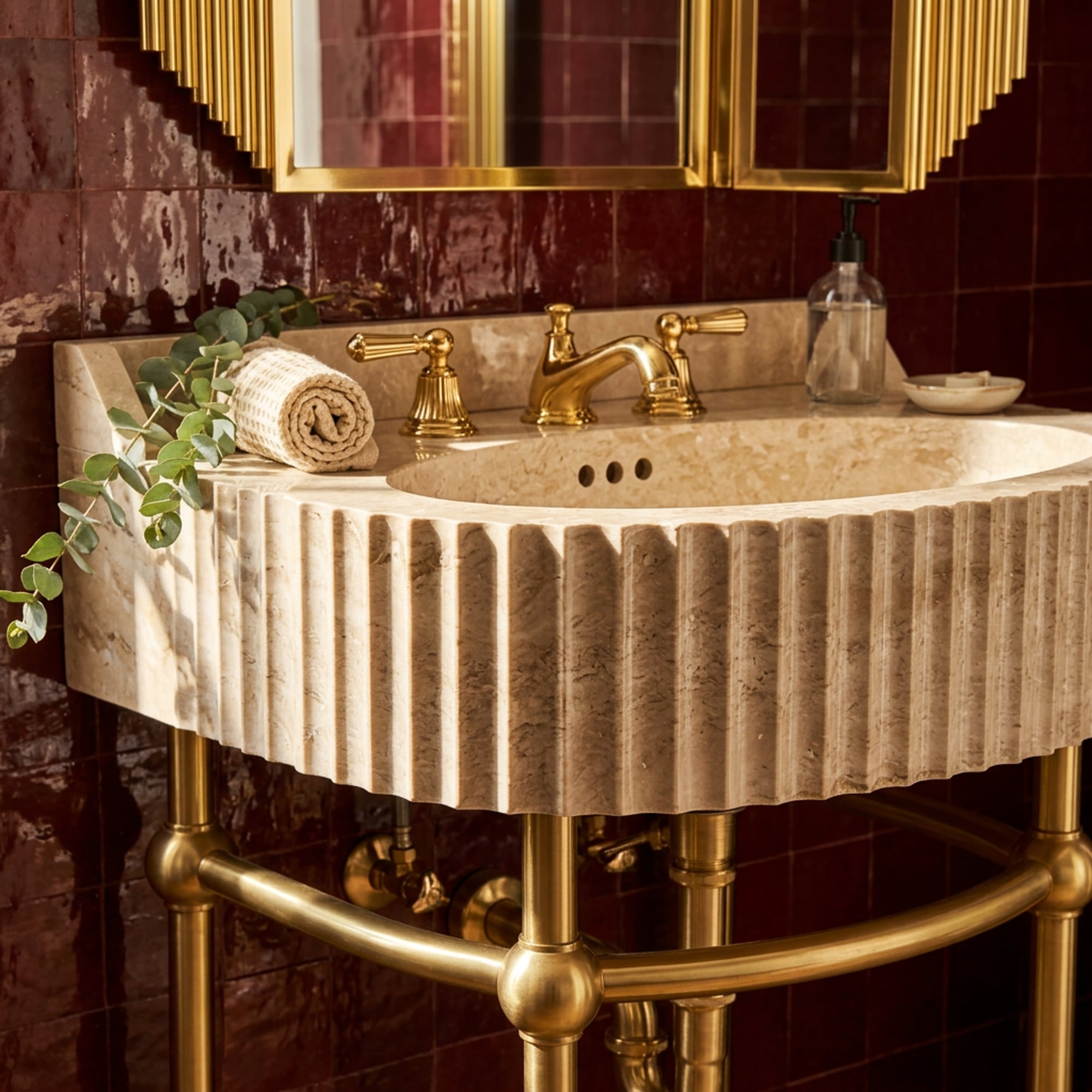 Fluted Travertine Sink with Unique Natural Veining for C…