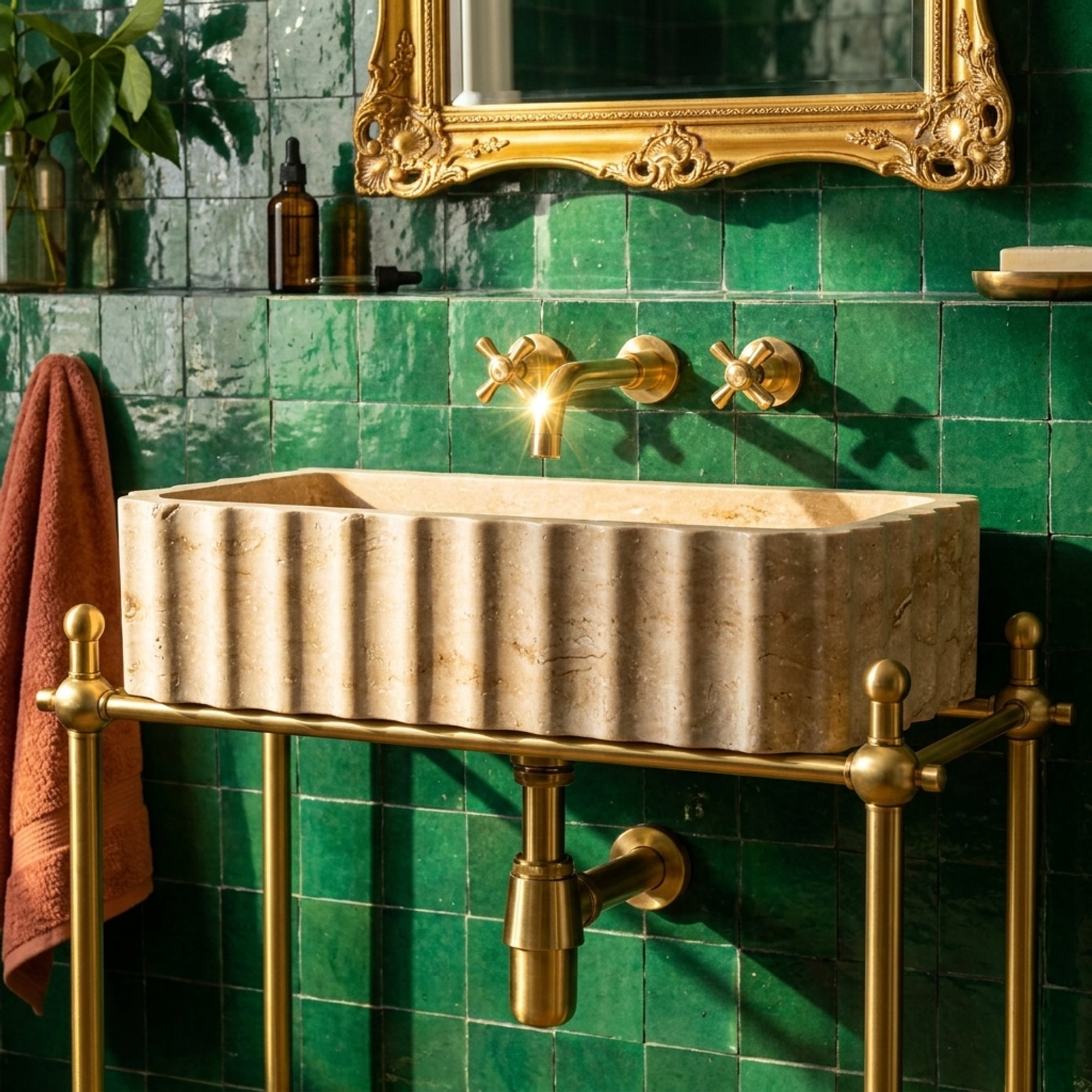 Fluted Travertine Sink with Optional Metal Stand and Han…