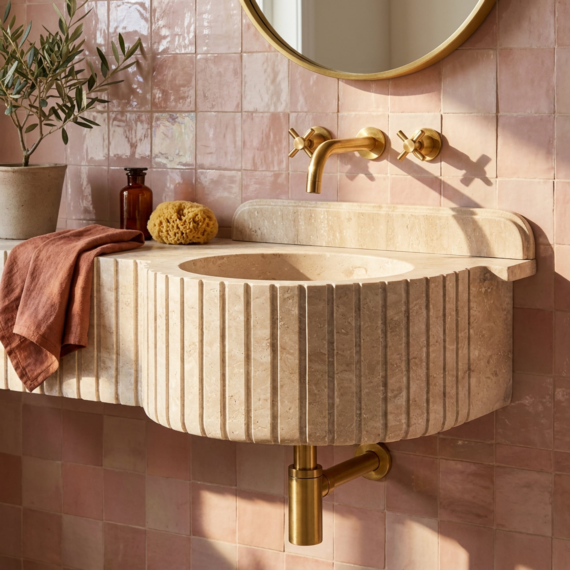 Handmade Travertine Bathroom Sink with Unique Natural Ve…