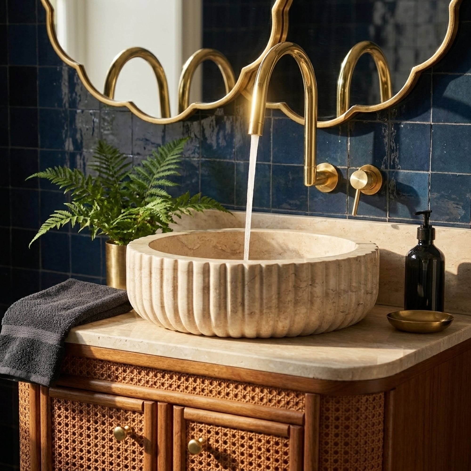 Fluted Travertine Sink with Backsplash and Wood Vanity, …