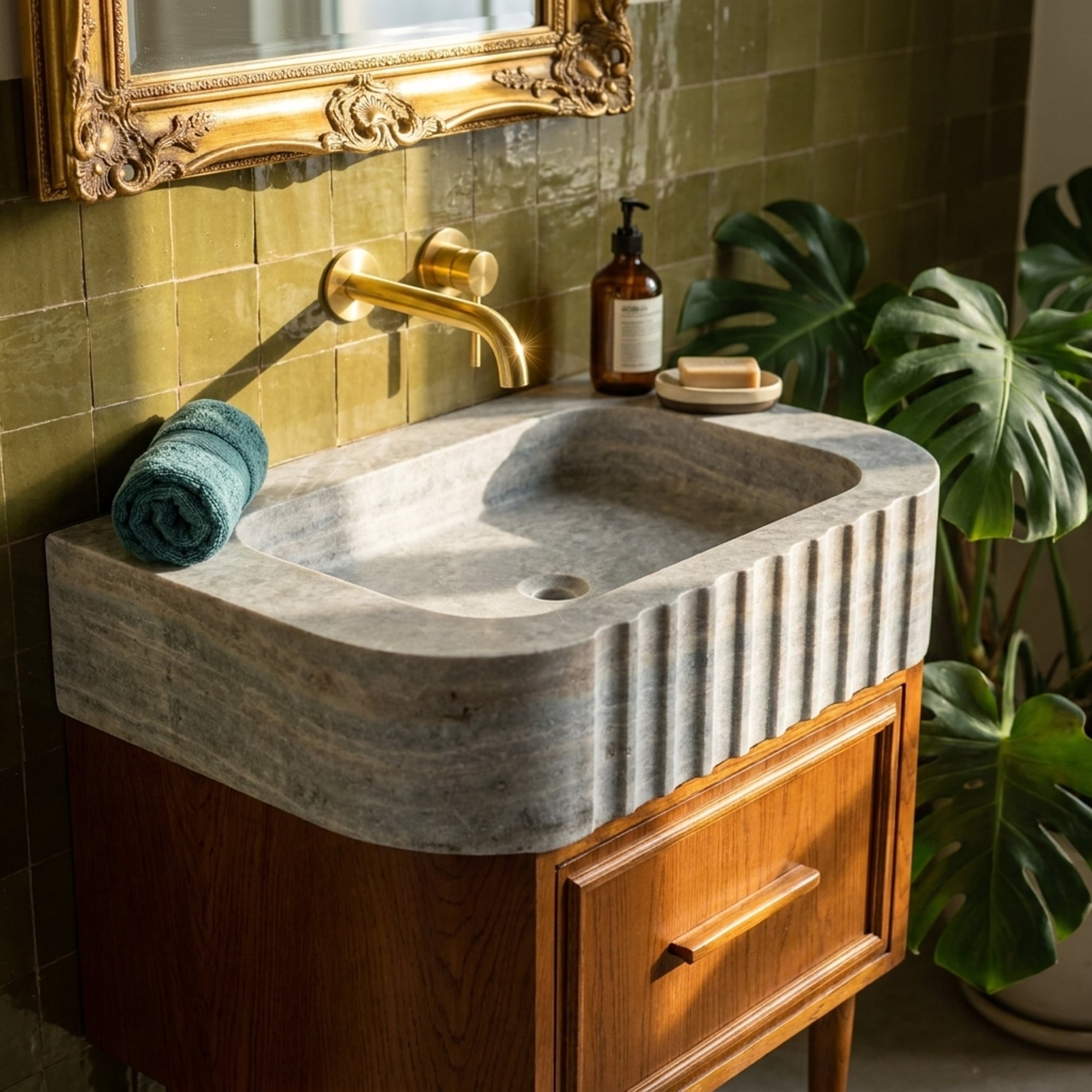 Fluted Travertine Sink with Wood Vanity and Hand Carved …