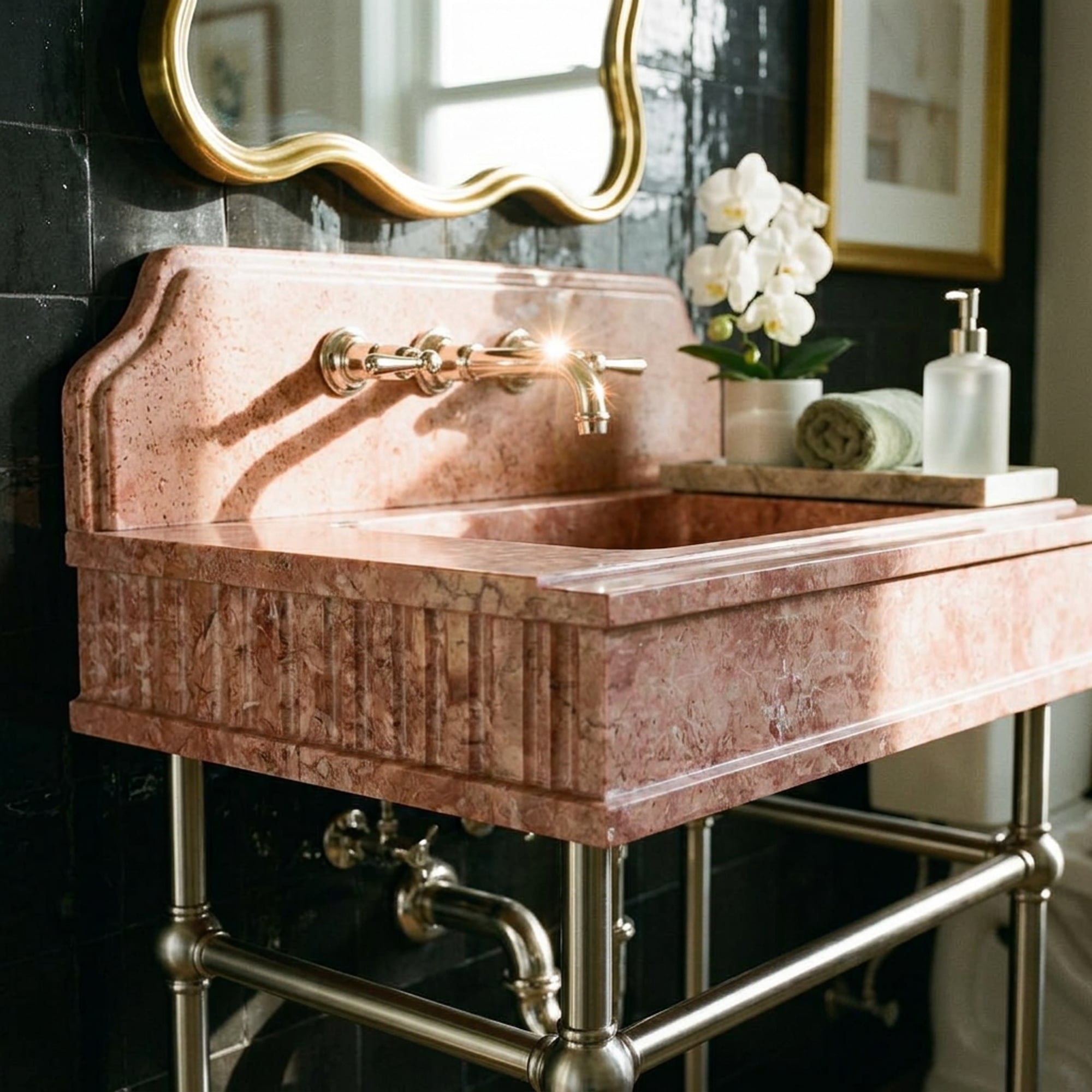 Handcrafted Polished Travertine Sink with Backsplash and…