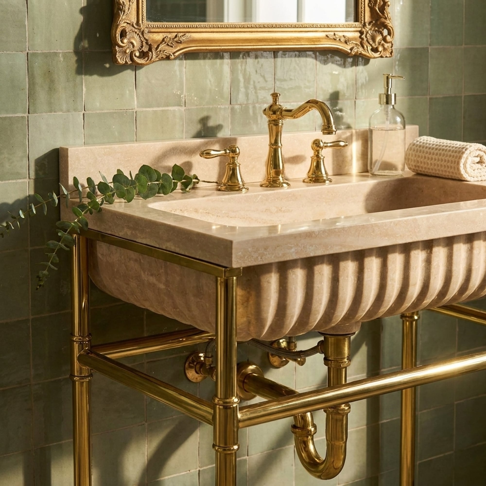 Fluted Travertine Sink with Backsplash and Optional Meta…