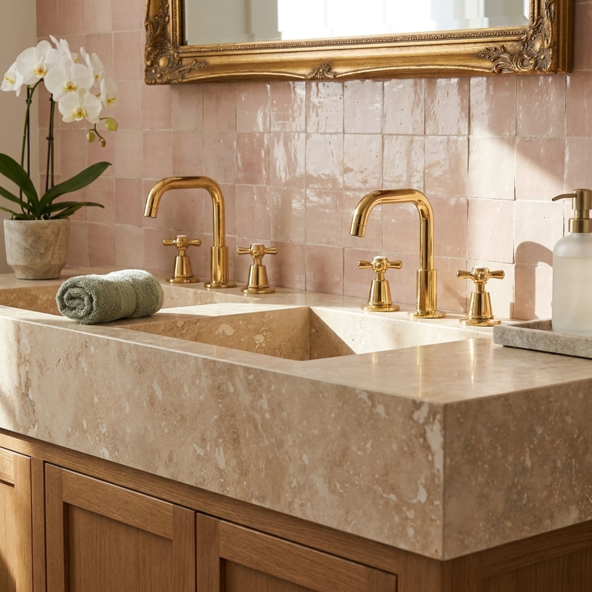 Custom Travertine Sink with Backsplash and Wood Vanity f…