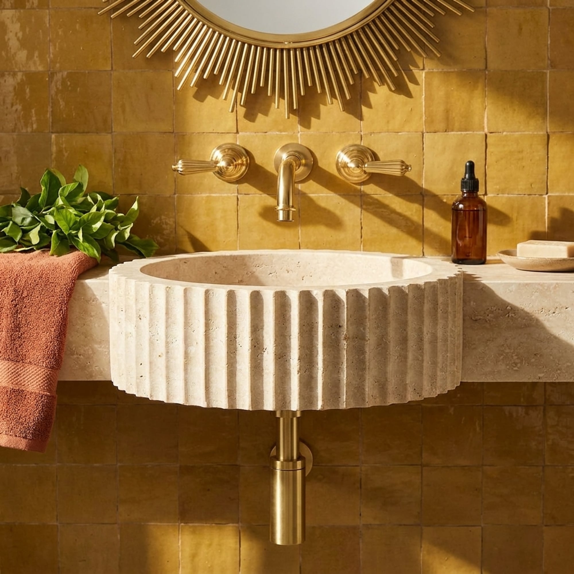 Handmade Travertine Bathroom Sink with Hand Carved Detai…