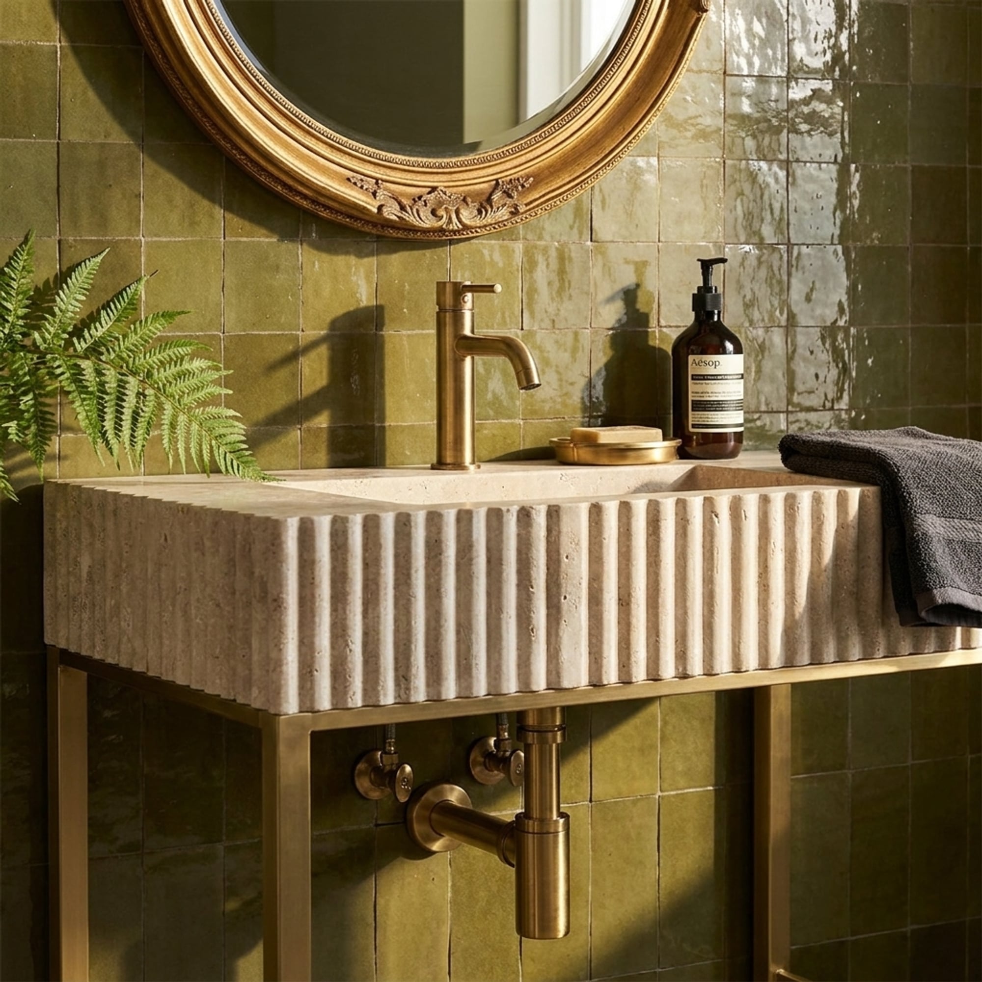 Fluted Travertine Sink with Unique Natural Veining for C…
