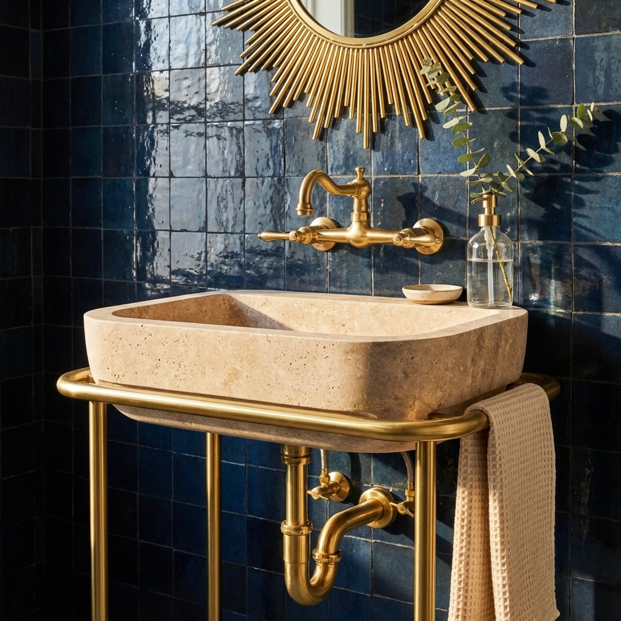 Handcrafted Polished Travertine Sink with Metal Legs for…