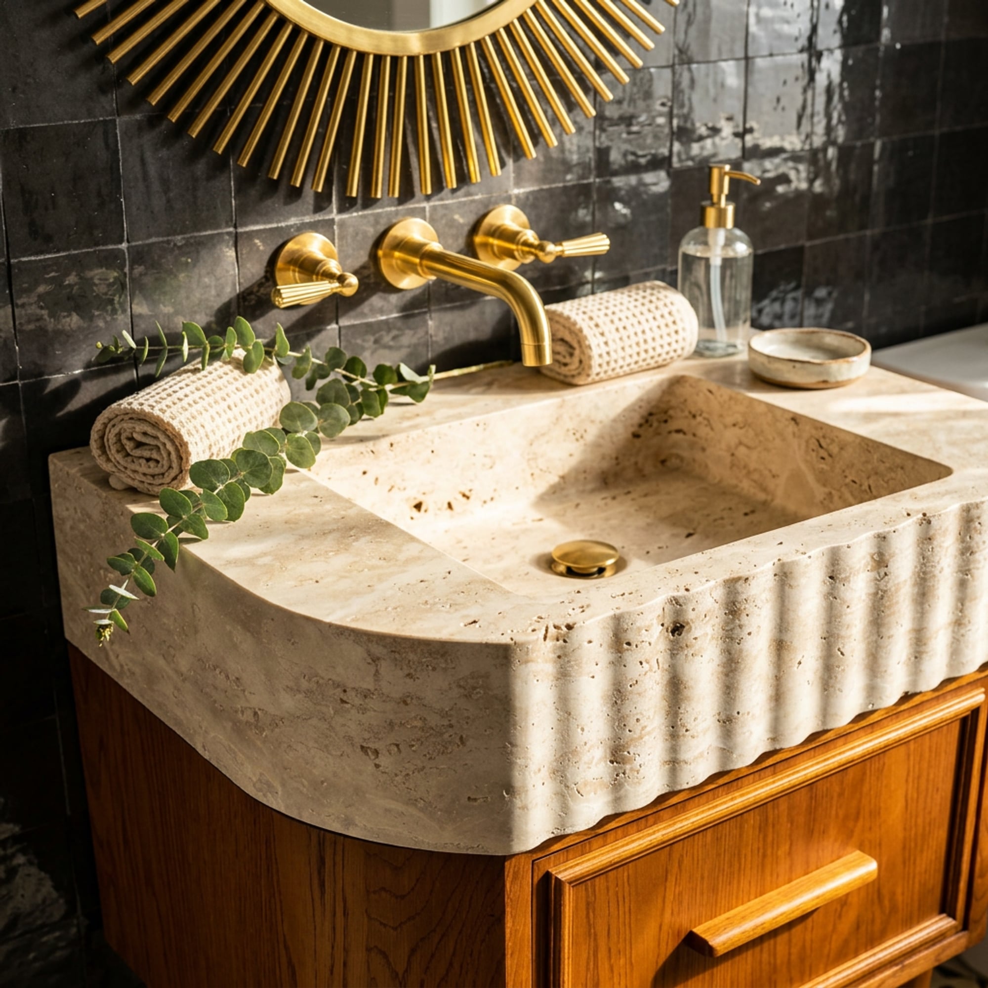 Travertine Fluted Marble Vanity Sink with Wood Vanity an…